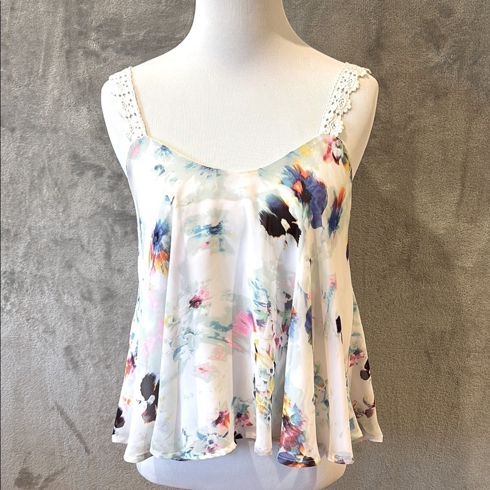 White Floral Flowy Boho Tank w Crochet Straps Sz S Festival Fairy Cottagecore